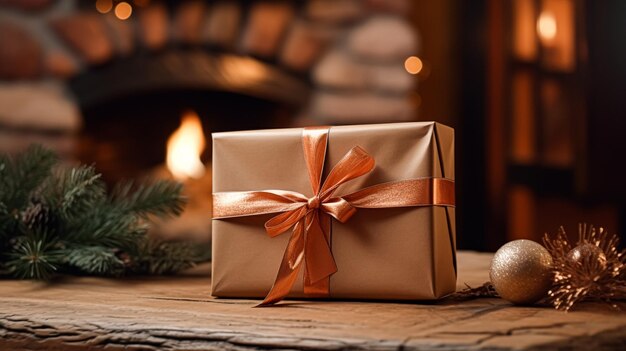 Boîte cadeau de Noël près de la cheminée confortable dans le chalet de campagne anglais vacances d'hiver célébration du jour de la boxe et achats de vacances