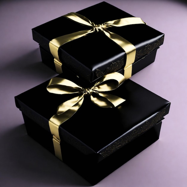 boîte cadeau noire ruban doré style fond rose