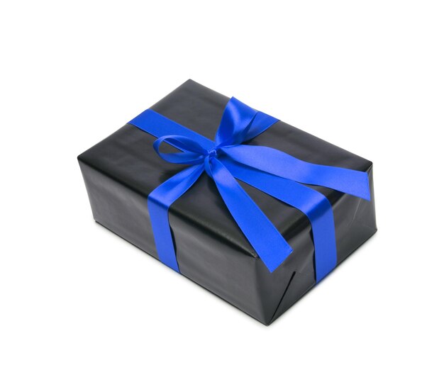 Boîte cadeau noire avec ruban et nœud en satin bleu