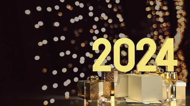 La boîte cadeau en or pour le Nouvel An 2024 rendu 3D