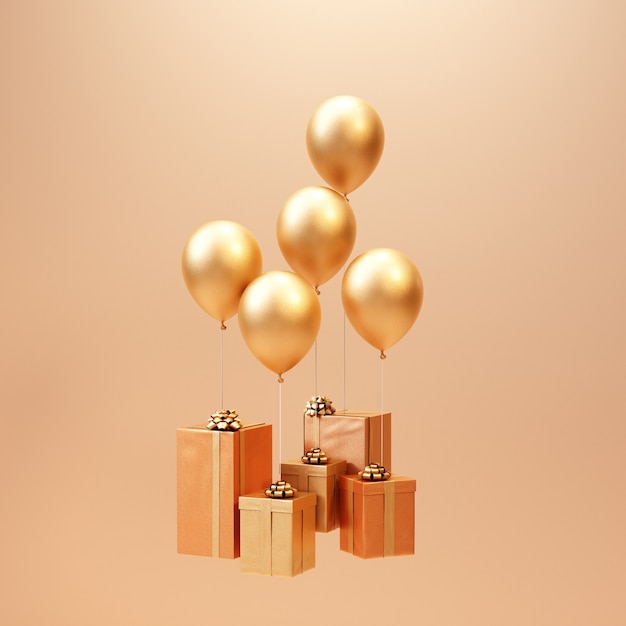 Boîte de cadeau d'or de rendu 3D avec fond minimal de ballon