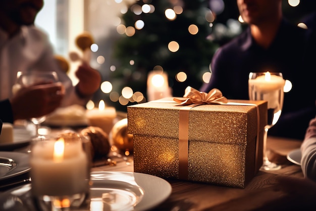 Boîte cadeau en or sur la table de Noël