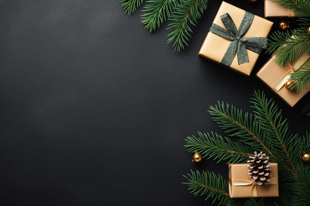 Boîte-cadeau en or vue supérieure à plat copier l'espace d'arrière-plan concept de Noël