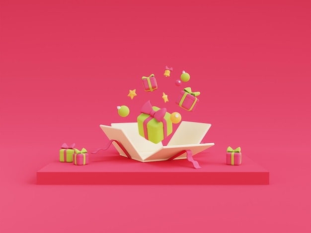 Boîte-cadeau ouverte pleine de boîte-cadeau et de boules à l'intérieur. Conception 3d minimale Décorations de Noël. Illustration de rendu 3d.