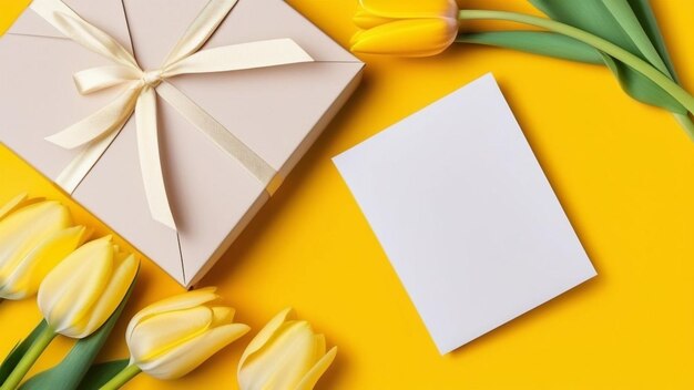 Photo boîte cadeau en papier blanc et tulipes jaunes sur fond jaune