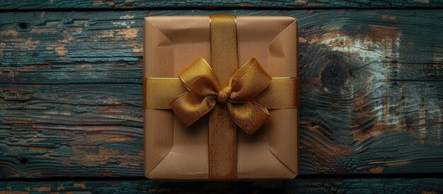 Boîte-cadeau en papier kraft avec un ruban doré sur un fond en bois altéré