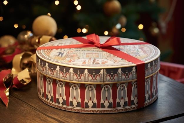 Une boîte cadeau ronde en papier d'emballage de Noël élégant