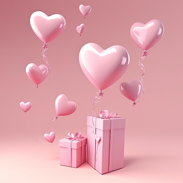 Une boîte cadeau rose avec un ballon en forme de coeur et un ballon rose en forme de coeur.