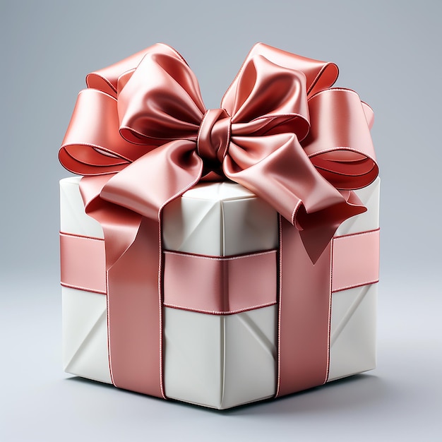 une boîte cadeau rose et blanche avec un ruban rouge autour.