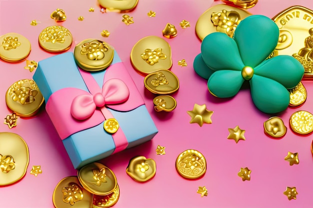 Une boîte cadeau rose et bleue avec une fleur dessus et des boutons dorés sur la table.