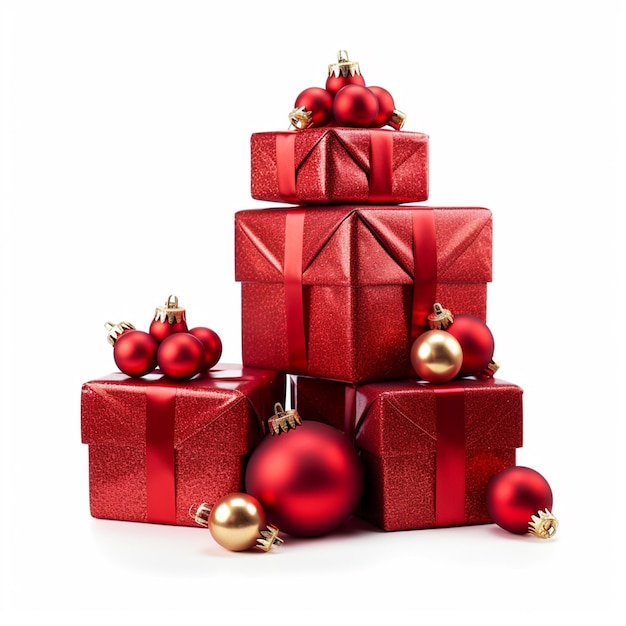 boîte cadeau rouge avec boule de Noël rouge et ruban rouge sur fond blanc