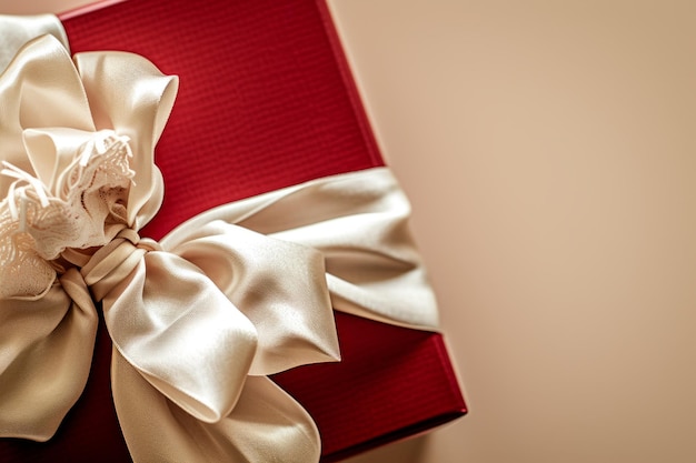 Boîte cadeau rouge et or avec un grand nœud en crème