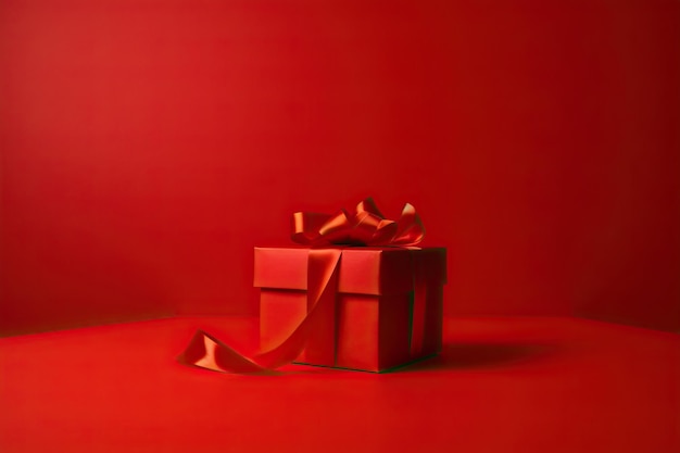 Une boîte cadeau rouge avec un ruban et un nœud dessus.