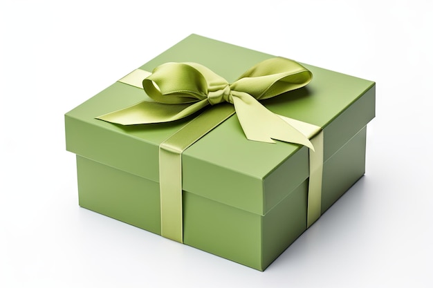 Boîte-cadeau vide avec ruban et arc ouvert et isolé sur une boîte en carton carrée blanche enveloppée de vert