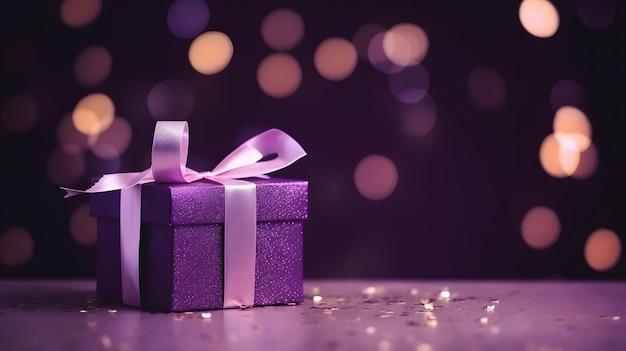 Boîte cadeau violette avec arrière-plan flou bokeh