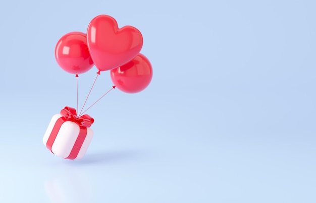 Boîte-cadeau volante avec ballons Valetnines day banner design illustration de rendu 3d