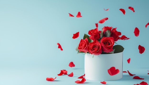 boîte à cadeaux blanche ouverte avec des roses rouges et des pétales rouges volants sur fond bleu pastel