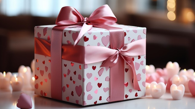 Boîte à cadeaux avec des cœurs et des nœuds roses dans le fond intérieur