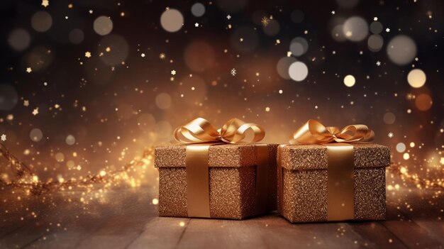 boîte à cadeaux avec décoration de Noël et lumières sur un fond sombre