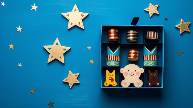 Boîte à cadeaux Hanukkah et jouets en bois sur fond bleu