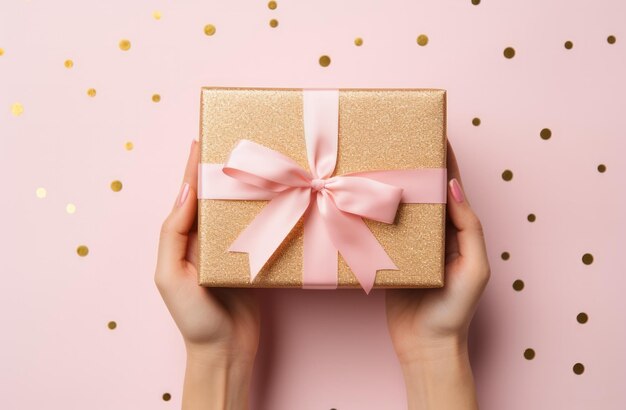 boîte à cadeaux à main sur fond rose