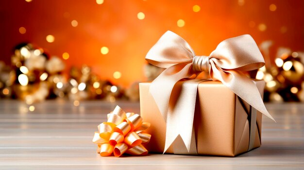 boîte à cadeaux avec un nœud doré rose sur fond avec un bokeh carte de vœux arrière-plan de Noël