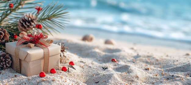 Une boîte à cadeaux avec des nœuds sur une plage de sable