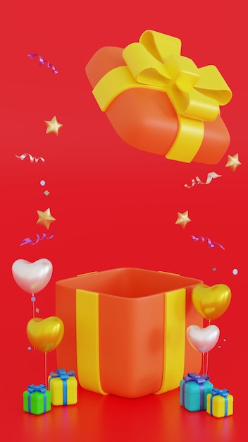 Boîte de cadeaux de plate-forme de promotion et maquette de ballon pour le rendu 3D de la Saint-Valentin ou de la saison d'anniversaire