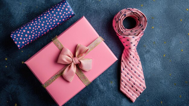 Photo boîte à cadeaux rose un journal et des cravates affichés sur un fond bleu foncé