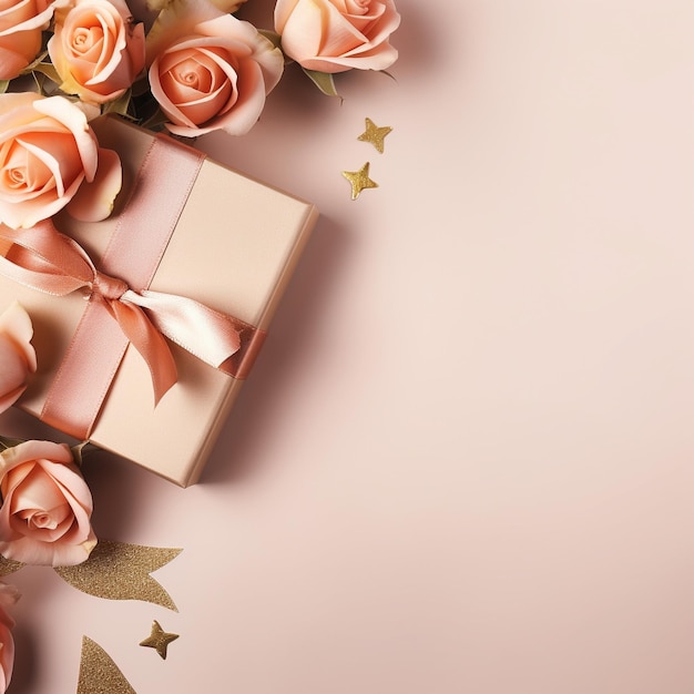 Boîte à cadeaux et roses sur fond rose