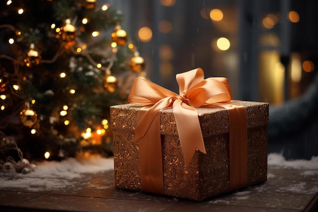 boîte à cadeaux sur la table et arbre de Noël avec bokeh léger