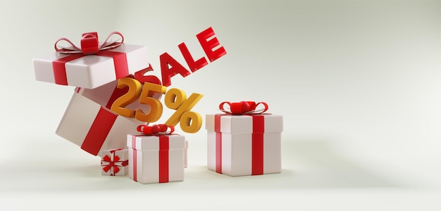 Photo boîte de cadeaux avec vente jusqu'à 25 promotion de réduction avec espace de copie vente de noël conception de bannière de vente de rendu 3d