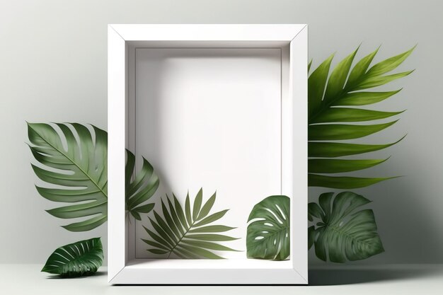 Une boîte à cadre blanc avec des feuilles d'une plante tropicale