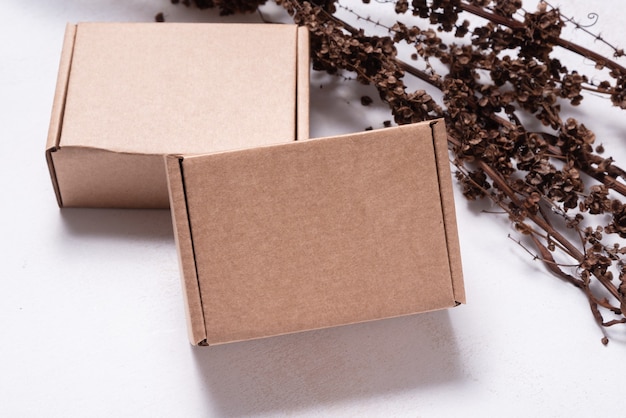 Photo boîte en carton en carton brun décorée d'une maquette de branche séchée