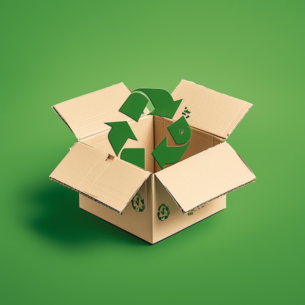 Boîte en carton avec l'emblème du recyclage sur fond vert durable Pour les médias sociaux