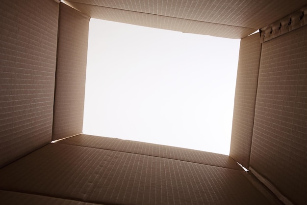 Boîte en carton ouverte sur fond blanc