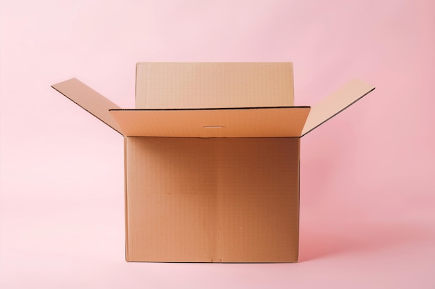 Boîte en carton ouverte sur fond rose avec espace de copie Concept minimal