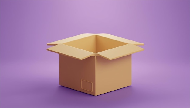 Une boîte en carton ouverte sur un fond violet