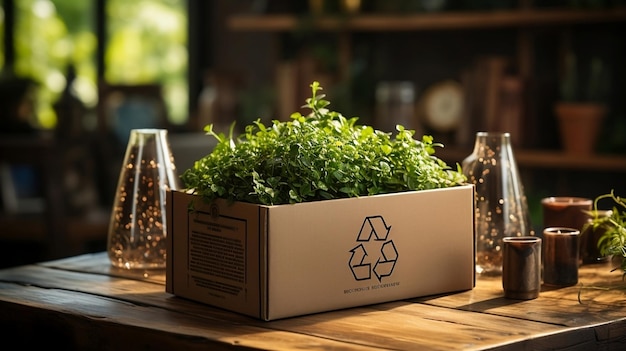 Boîte en carton recyclé avec logo de recyclage avec de l'herbe verte en croissance Nourriture utile fraîche