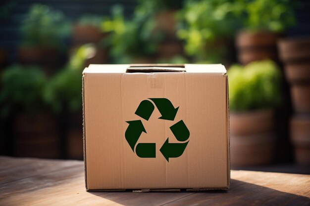 Boîte en carton avec symbole de recyclage sur fond en bois