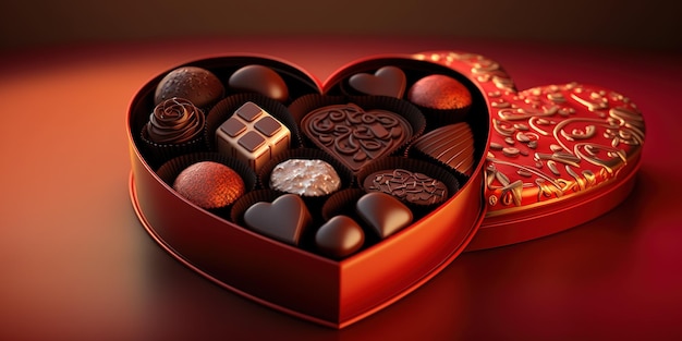 boîte de chocolat en forme de coeur avec des chocolats assortis à l'intérieur sur fond rouge vif