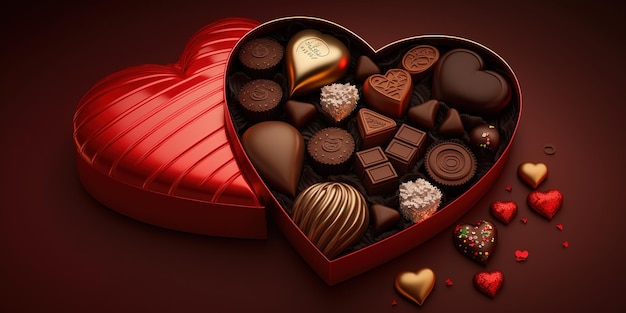 boîte de chocolat en forme de coeur avec des chocolats assortis à l'intérieur sur fond rouge vif