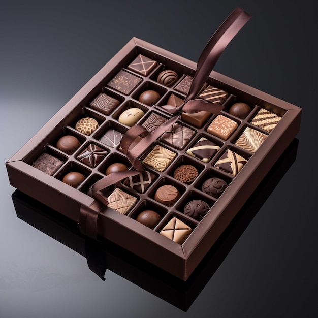 Boîte de chocolats assortis avec ruban rouge sur fond noir