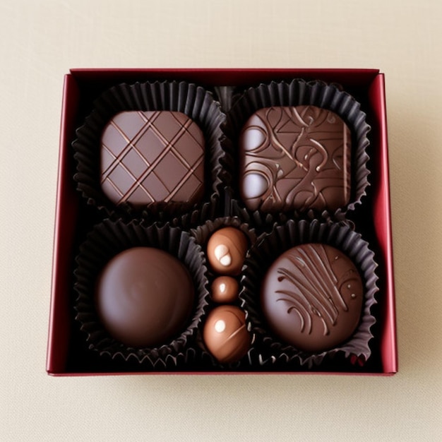 une boîte de chocolats avec un chocolat en forme de cœur