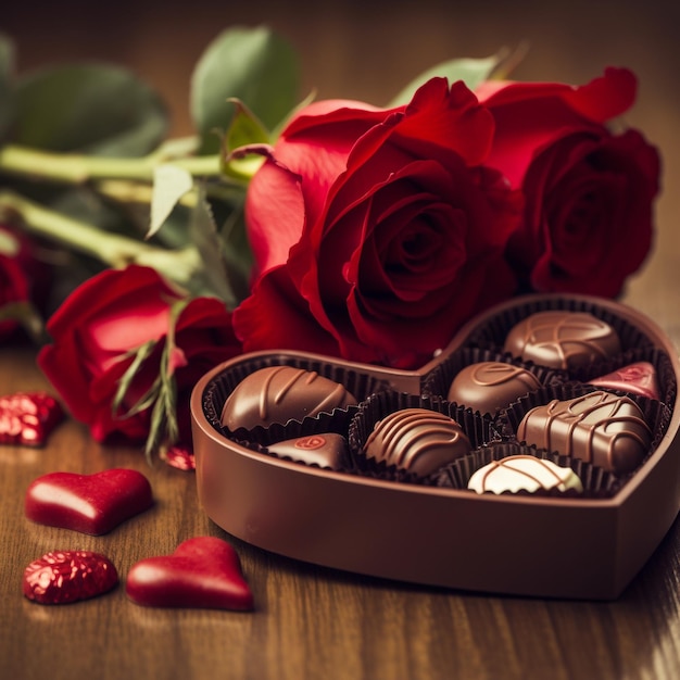 Une boîte de chocolats est devant une rose rouge.