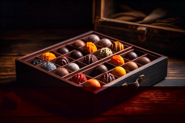 Une boîte de chocolats est montrée sur une table en bois sombre