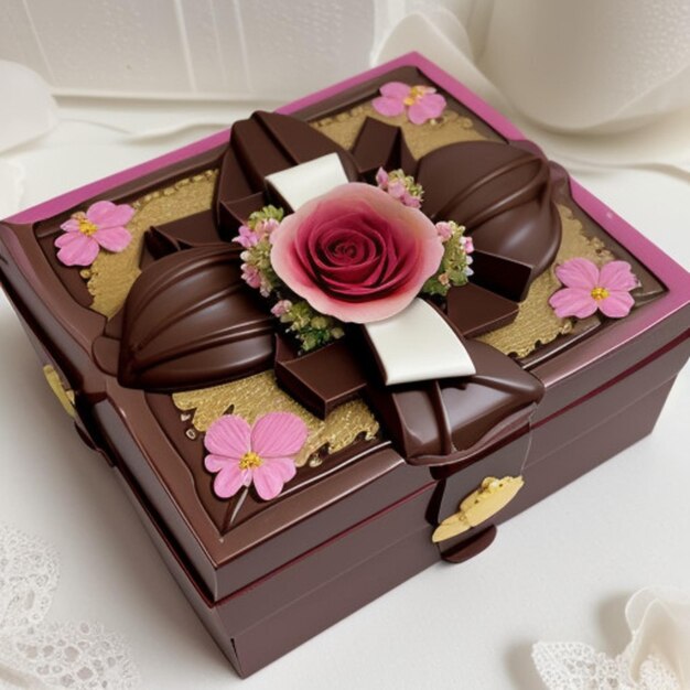 une boîte de chocolats avec une fleur sur le dessus