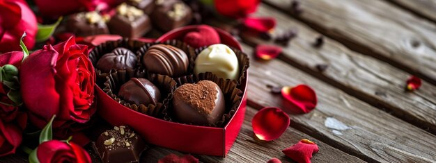 boîte de chocolats et de fleurs sur un fond en bois focalisation sélective IA générative