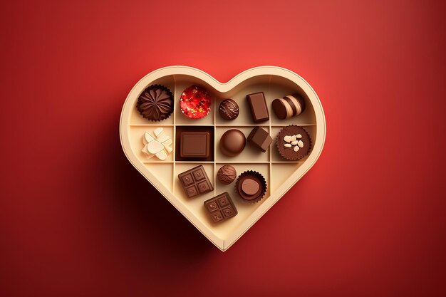 une boîte de chocolats en forme de coeur avec un assortiment de chocolats sur fond rouge vue de dessus espace de copie Ai générative