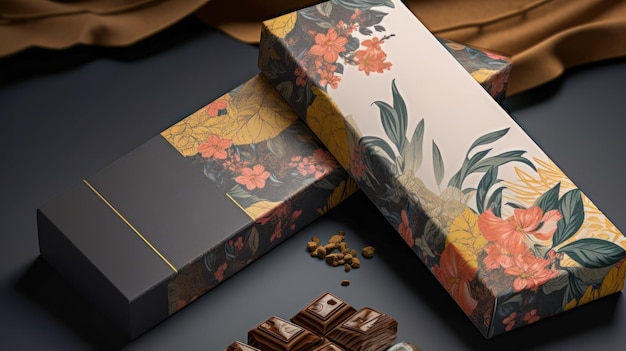 Une boîte de chocolats avec un motif floral sur le devant.